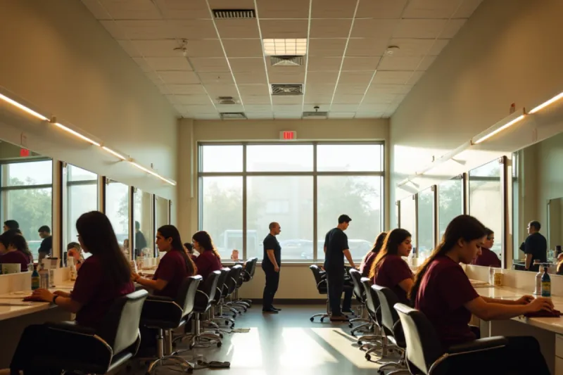 Cosmetology classroom with student stations at Maiquela's Cosmetology Academy in South Gate, California