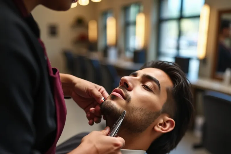 Barbering student practising a straight-razor neckline finish under instructor supervision in South Gate, CA