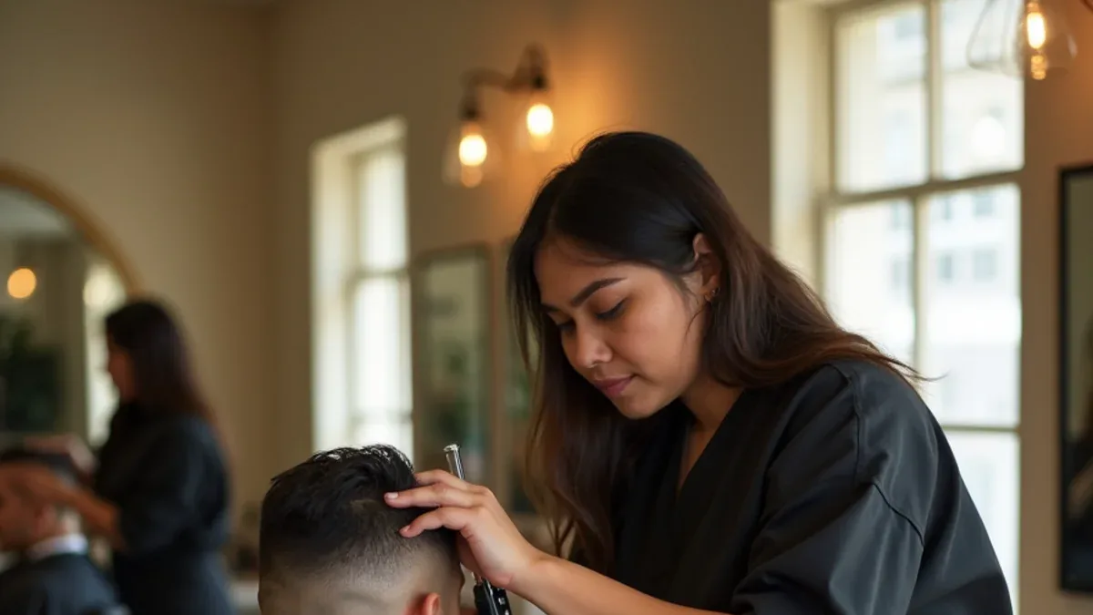 Barbering student cutting a skin fade with clippers at a barber school in South Gate, California