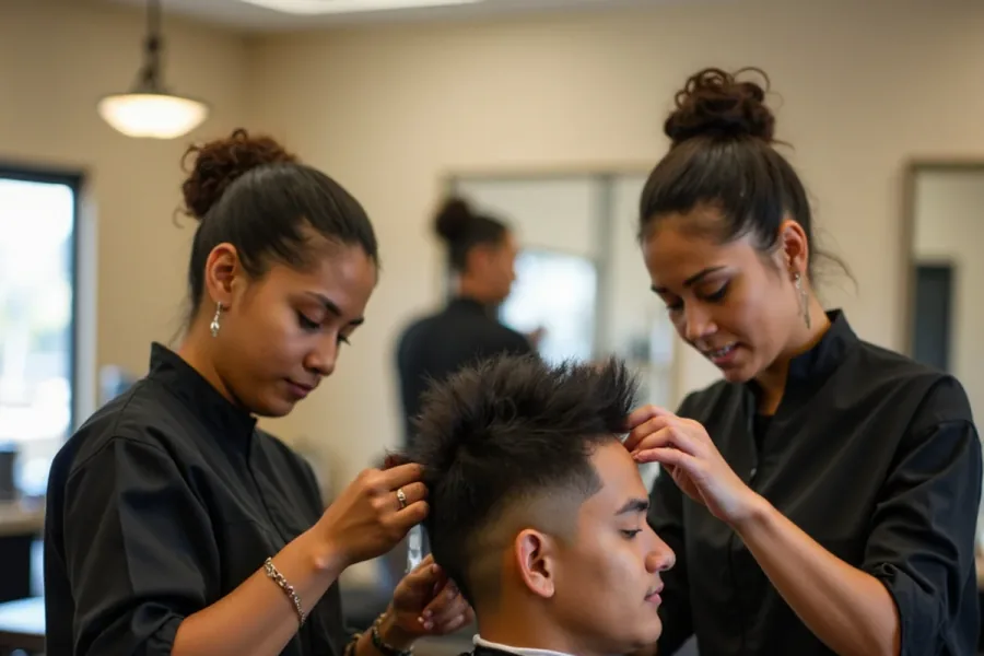 Barbering and cosmetology students working side by side at a California beauty school
