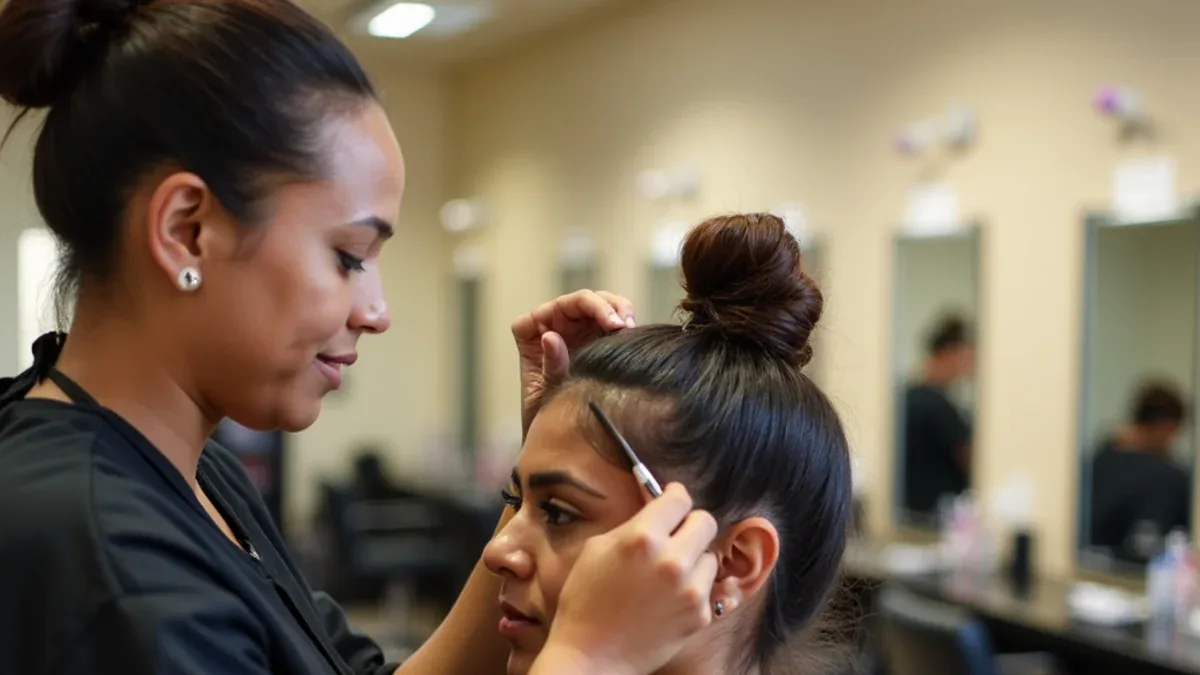 Beauty students in a cosmetology classroom at a school serving Bellflower, California