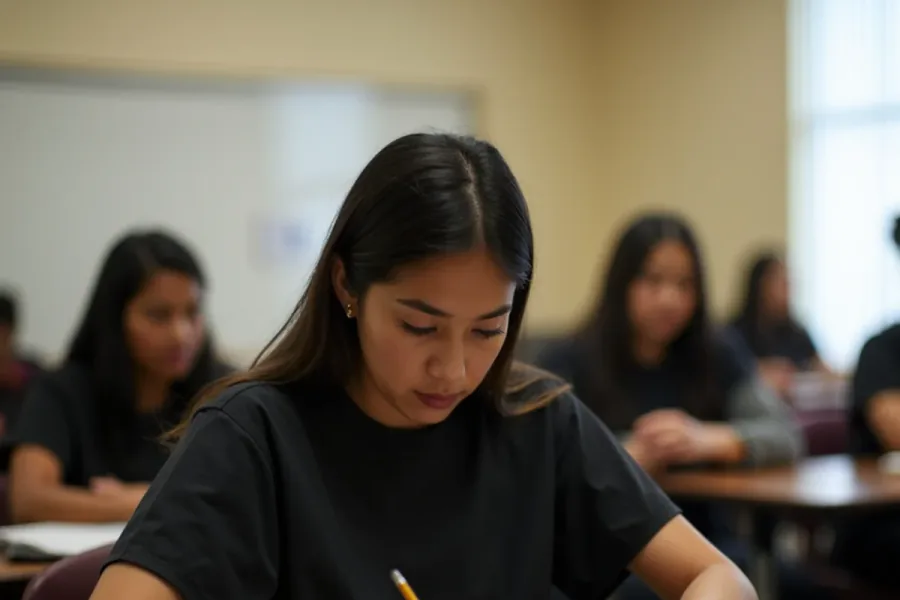 Student sitting a written California state board practice examination at a beauty school