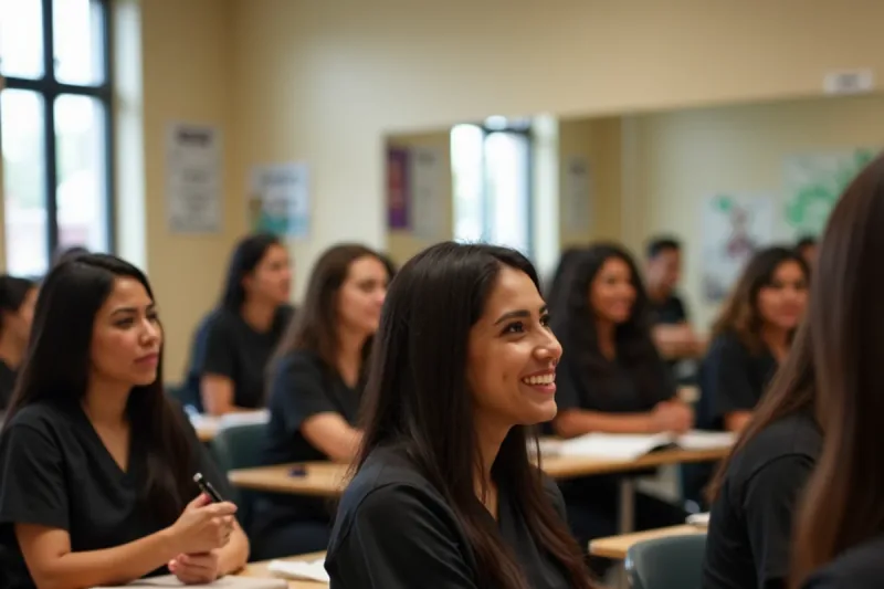 Instructor teaching a cosmetology lesson in Spanish to students at a South Gate beauty academy