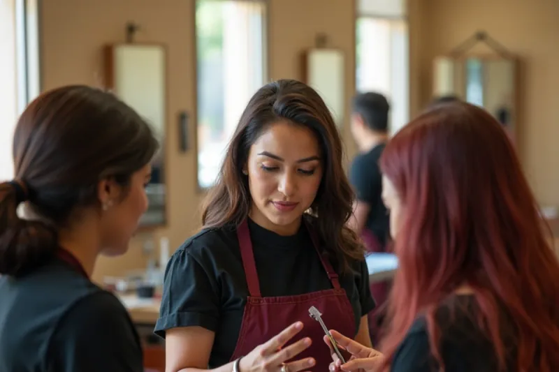 Cosmetology instructor demonstrating hair colour formulation to students at a South Gate beauty school
