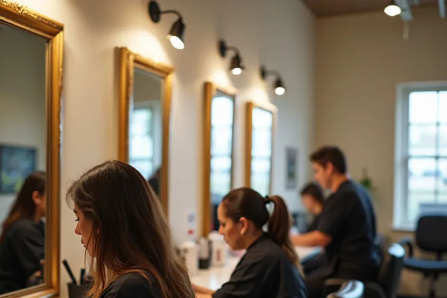 Students training across hair, nail and skin care stations at a California beauty school