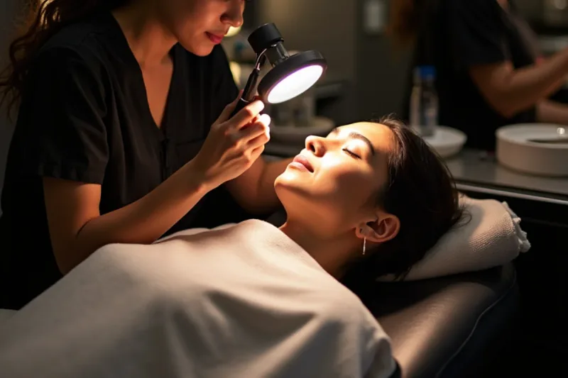 Esthetics student analysing a client’s skin under a magnifying lamp during training in South Gate, CA