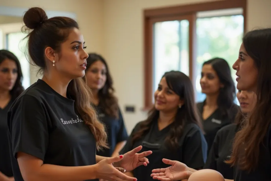 Instructor teaching a cosmetology class in Spanish at a California beauty academy