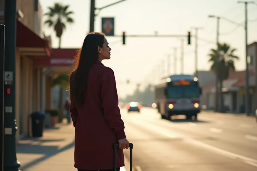Metro bus stop on Long Beach Boulevard near a beauty school in South Gate, California
