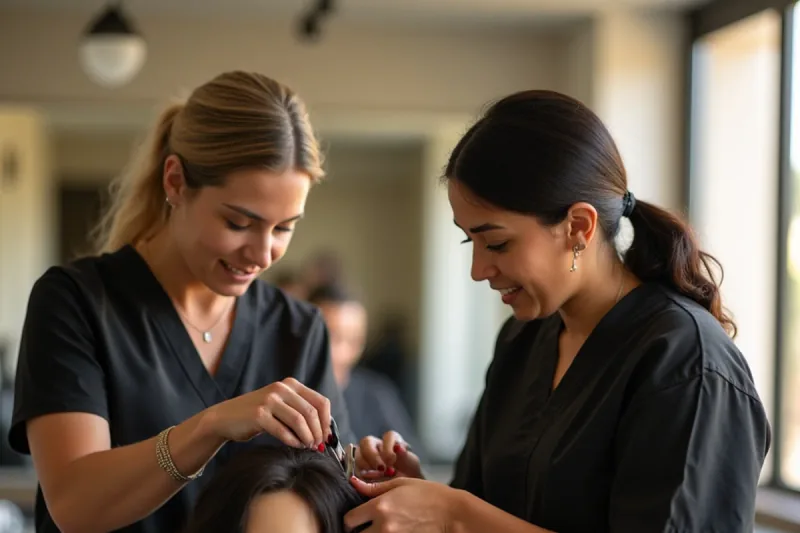 Instructor guiding a student through a hair technique at Maiquela's Cosmetology Academy in South Gate