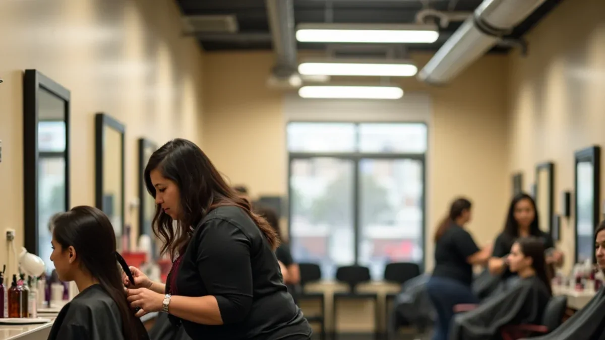 Cosmetology students working with an instructor on the clinic floor at a beauty school in South Gate, California