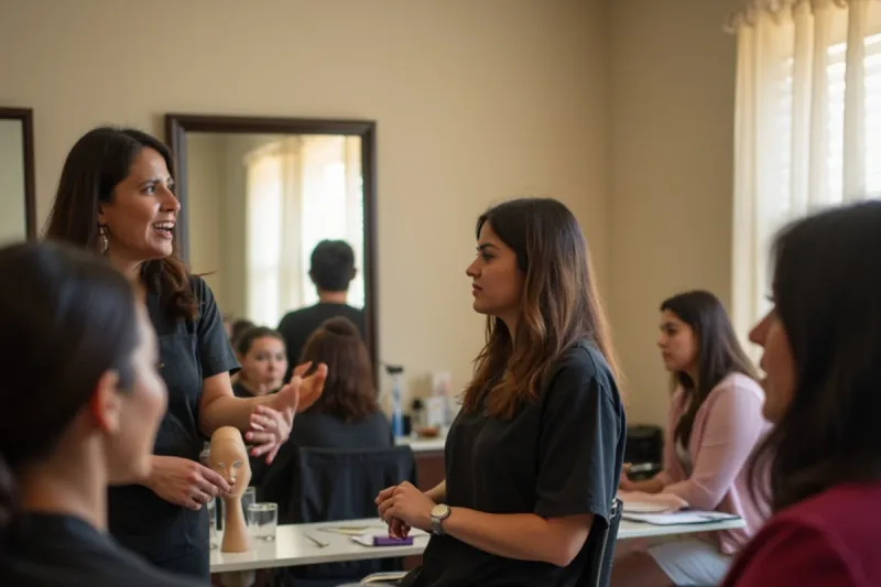 Cosmetology instructor teaching a class in Spanish at a South Gate beauty school