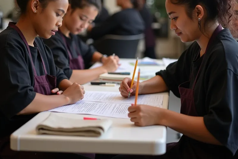 Beauty school students working through California written state board practice questions