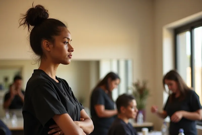 Prospective student observing a live cosmetology class from the back of the room
