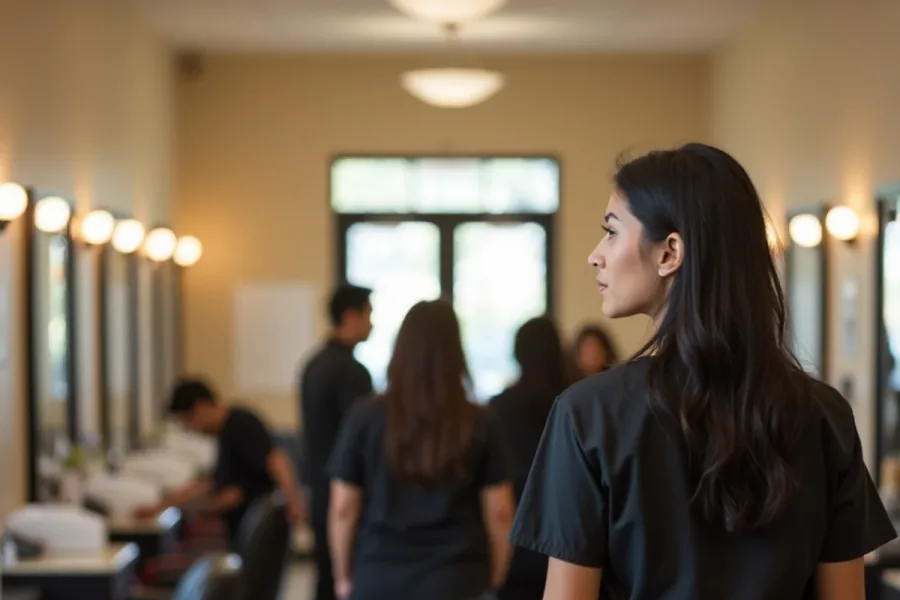 Prospective student touring the clinic floor of a beauty school in South Gate, California