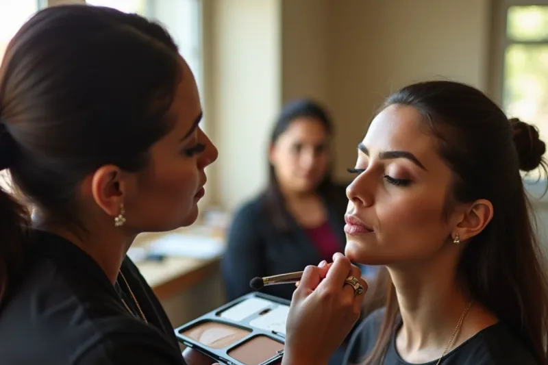 Makeup student matching foundation shades across a range of skin tones during training in South Gate, CA