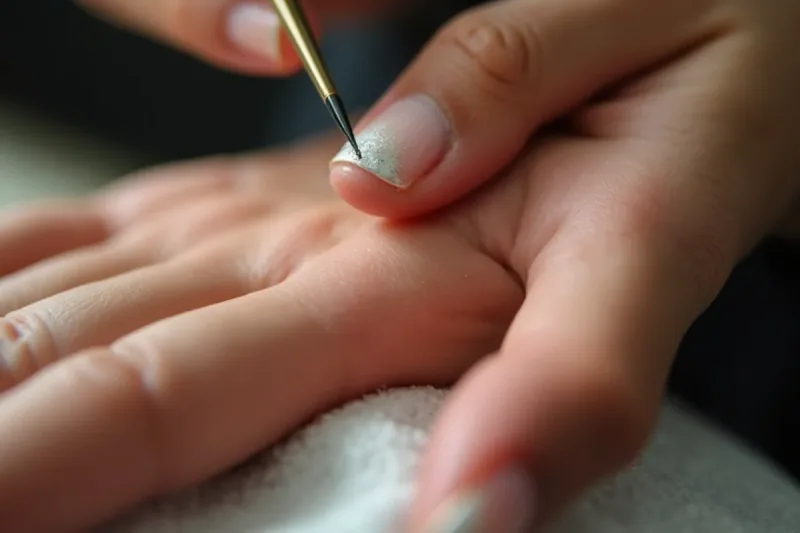 Close-up of a manicurist student sculpting an acrylic nail during training in South Gate, CA