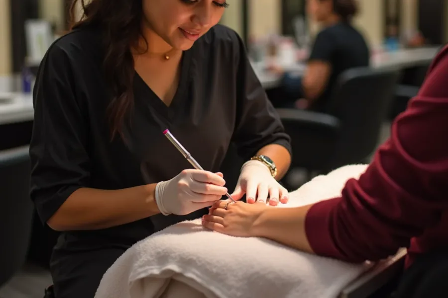 Licensed nail technician completing an acrylic set at a salon table in Southeast Los Angeles