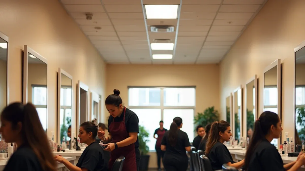 Cosmetology students on the clinic floor at a beauty school serving South Los Angeles, California