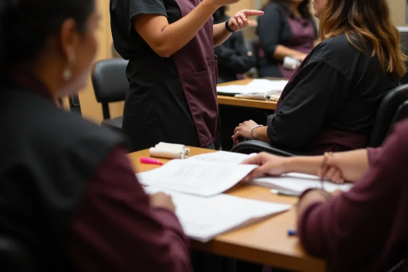 Instructor leading a California state board written exam review session at a South Gate beauty school