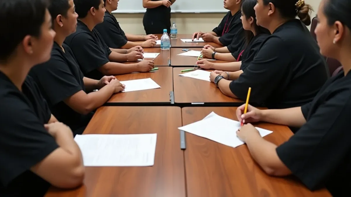 Beauty school students reviewing state board exam practice questions in a classroom in South Gate, California