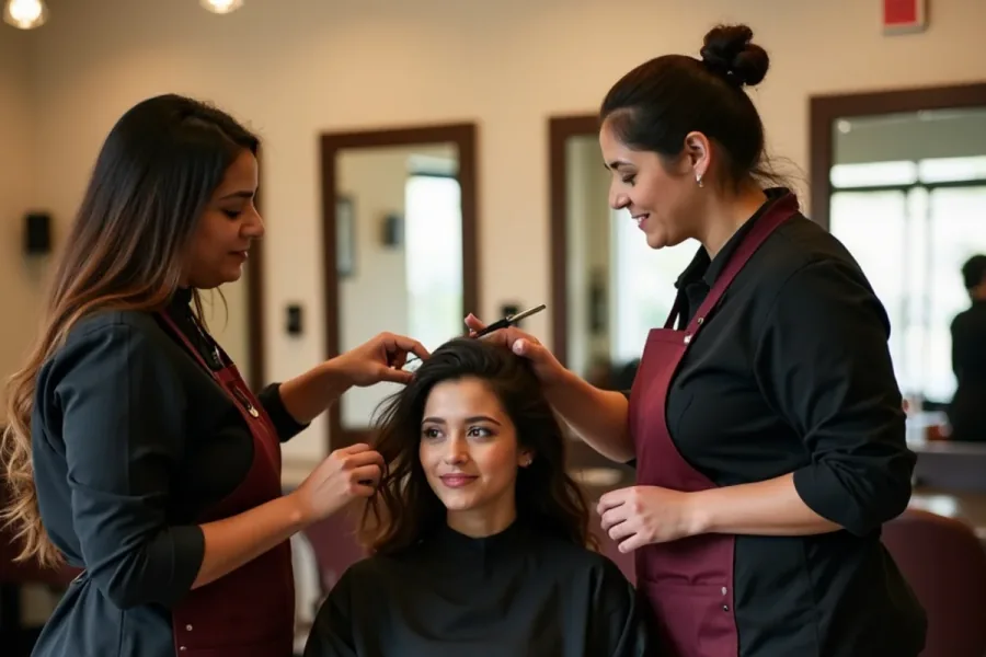 Client receiving a supervised haircut at a student salon clinic floor in South Gate, California