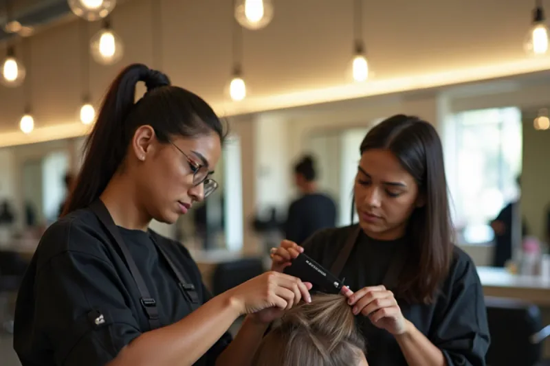 Instructor checking a student’s haircut on a client at the South Gate student salon clinic floor