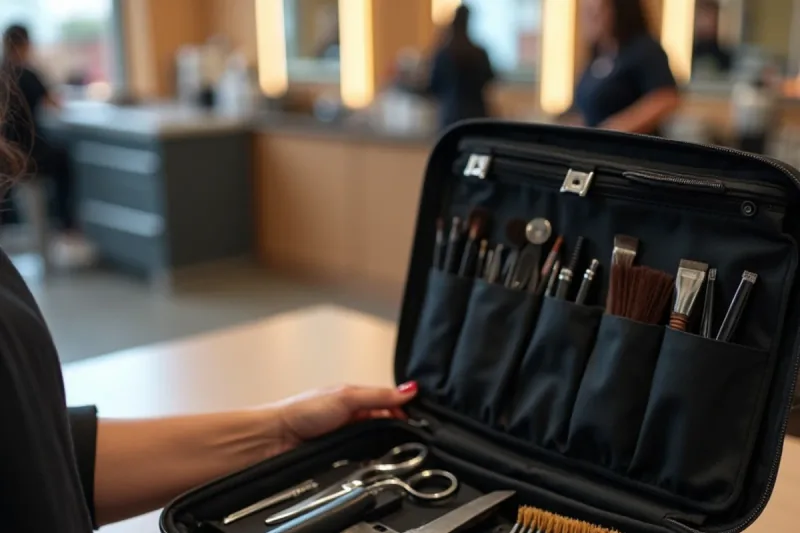 Beauty school kit of shears, clippers, brushes and clips laid out on a station counter