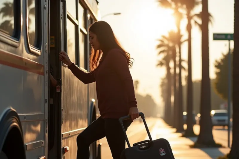 Beauty school student boarding a Metro bus with a rolling tool case in Southeast Los Angeles