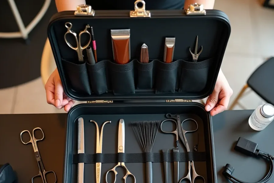Cosmetology student kit with shears, combs, clips and a mannequin head laid out on a station